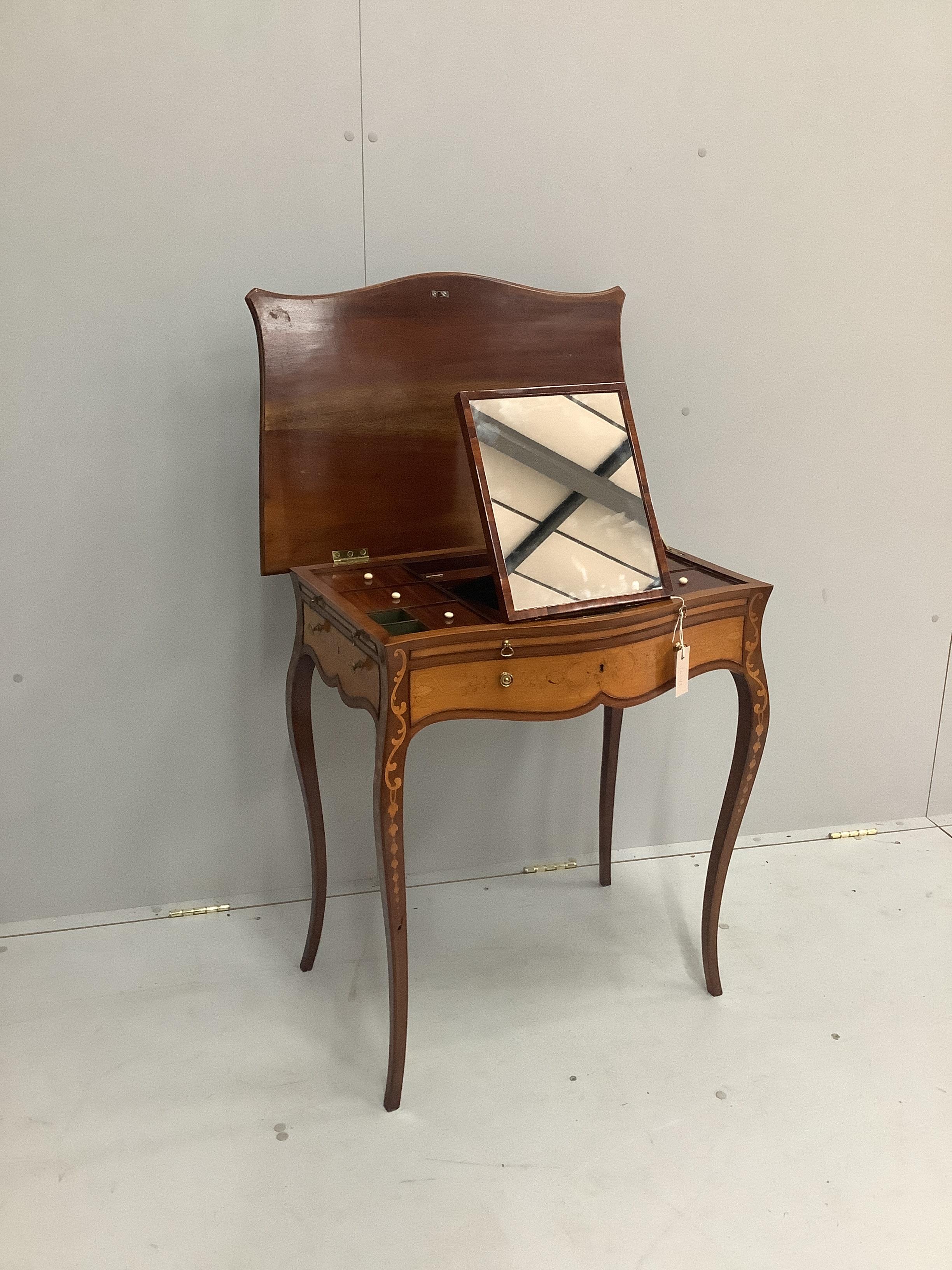 A reproduction marquetry inlaid satinwood and kingwood serpentine enclosed wash stand, width 66cm, depth 45cm, height 74cm